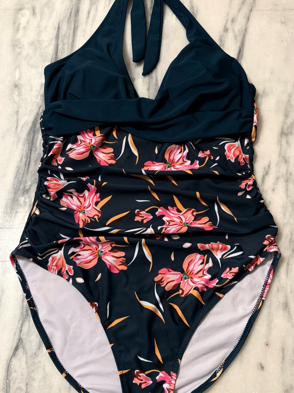 Women's Navy Floral Halter One-Piece Swimsuit